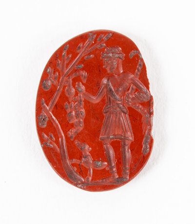 Intaglio aus South Shields zeigt Silvanus-Cocidius (römisch-keltischer Jagdgott) mit Hase und Hund, frühes 3. Jahrhundert n. Chr. von Roman